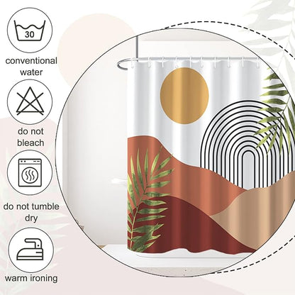 AWERT Boho Shower Curtain with Hooks Arch Sun Rainbow Green Leaves Mid Century Shower Curtain for Bathroom Washable Bathroom Accessories Bathtub Decor 72x72inch