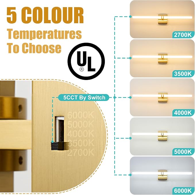 Gold Bathroom Light Fixture LED Vanity Light 30" 5CCT Wall Sconce | LED Dimmable Wall Light Modern 360° Lighting, 28W Hardwired Vanity Light for Bathroom Mirror, Flicker-Free Easy Install