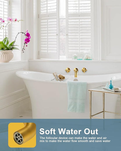Wall Mount Tub Filler ARCORA Brushed Gold Bathtub Faucet Long Spout Reach, 2 Cross Handles Wall Mount Tub Faucet with Brass Rough in Valve Included