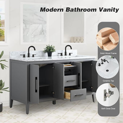60 Inch Bathroom Vanity with Sink & Ceramic Top, Double Vanity Cabinet with Basin, Soft-Closing Doors & Matte Black Hardware, Grey
