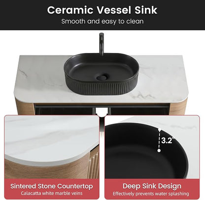 48" Floating Bathroom Vanity with Black Sink, Honey Oak | Pre-Assembled Fluted Wall Mounted Vanity with Ceramic Vessel Sink, Rounded Edges, Soft-Close Drawer & Towel Rack