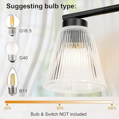 OCIOC Black Bathroom Vanity Lights, 3-Light Modern Bathroom Light Fixtures with Striped Glass Shade, Bathroom Wall Lamp over Mirror, for Living Room, Bedroom, Hallway,Cabinet Porch