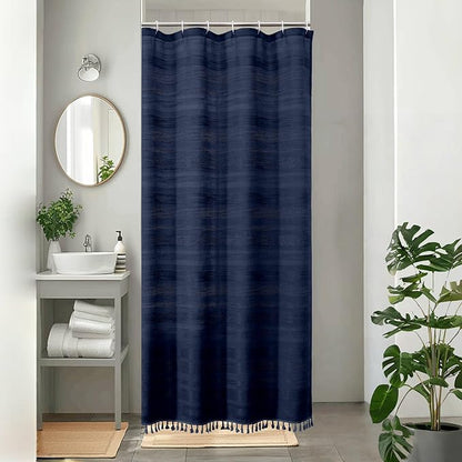 Navy Blue Boho Stall Shower Curtain, Narrow Soft Fabric Striped Linen Textured Bathroom Shower Curtain with Tassel, Modern Farmhouse Machine Washable, Bath Decor, 36Wx72L Inches