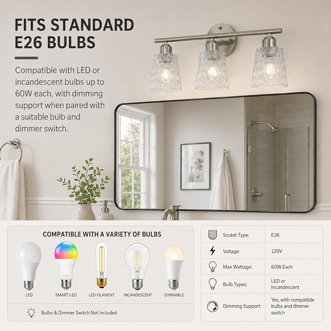 Brushed Nickel Bathroom Light Fixture, 3-Light Modern Vanity Light Over Mirror with Textured Glass Shades, Stainless Steel Construction, E26 Sockets (Bulbs Not Included)