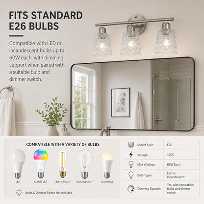 Brushed Nickel Bathroom Light Fixture, 3-Light Modern Vanity Light Over Mirror with Textured Glass Shades, Stainless Steel Construction, E26 Sockets (Bulbs Not Included)