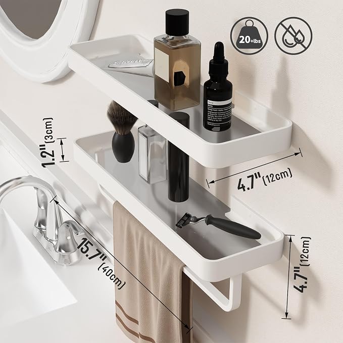 16-Inch White Floating Bathroom Shelves with Towel Bar， Clear Tempered Glass Wall Shelf 2-Pack – Versatile Bathroom Organizer Set