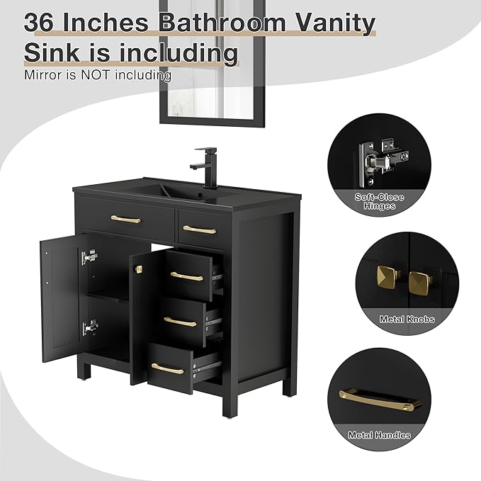 LUCKWIND 36" Bathroom Vanity with Sink Combo, Painted Modern Bathroom Storage Cabinet with Large Black Sink, Two Doors and Three Drawers, Include Faucet, Without Mirror, Black