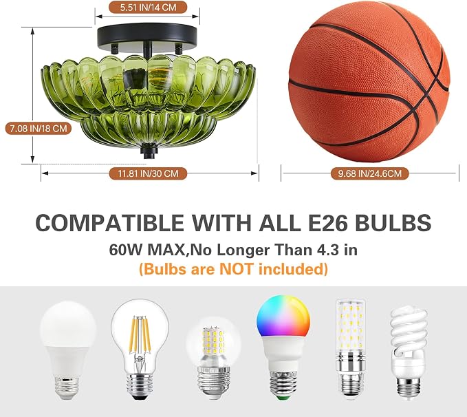 Green Glass Semi Flush Mount Ceiling Light Fixture,11.8 in,3-Lights | Flower Shape,Round Black Base,Use E26 Bulb,Support Dimmable,for Hallway,Bedroom,Bathroom,Foyer,Closet,Entryway,Laundry Room