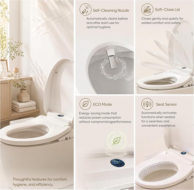 GAICOM Electric Bidet Toilet Seat Elongated, Heated Seat ＆ Warm Air Dryer | Instant Warm Water, Multiple Cleaning Modes, Side Panel Control, Self Cleaning Nozzle, Night Light, Soft Close Lid