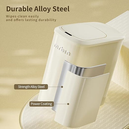 MRBIN Metal Motion Sensor Bathroom Trash Can with Lid and Wheels, 10L/2.6gal Automatic Removable Slim Electric Narrow Waste Basket for Near Desk Office, Bedroom, Kitchen, Rv, White