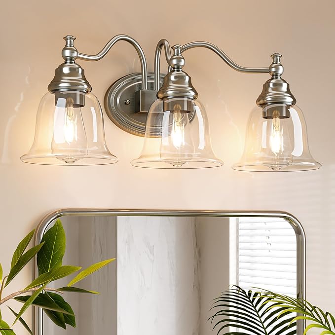 Tribesigns 3-Light Bathroom Light Fixtures, Modern Vanity Light with Clear Glass Shade, Bathroom Wall Lamp for Mirror Living Room Kitchen Hallway Porch, E26 Base, Bulbs Not Included (Silver)