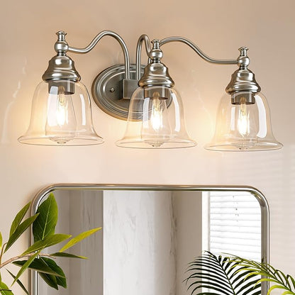 Tribesigns 3-Light Bathroom Light Fixtures, Modern Vanity Light with Clear Glass Shade, Bathroom Wall Lamp for Mirror Living Room Kitchen Hallway Porch, E26 Base, Bulbs Not Included (Silver)