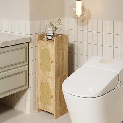 IBUYKE Small Bathroom Storage Cabinet with Rattan Door, Narrow Toilet Paper Storage Holder,Floor Cabinet with Adjustable Shelves, Space-Saving Organizer for Toiletries UWBS001N