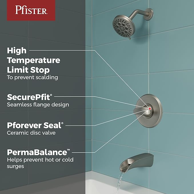 Pfister 8P8-WS2-JDSGS Jaida 1-Handle Tub & Shower Faucet with Adjustable Spray Width In Spot Defense Brushed Nickel