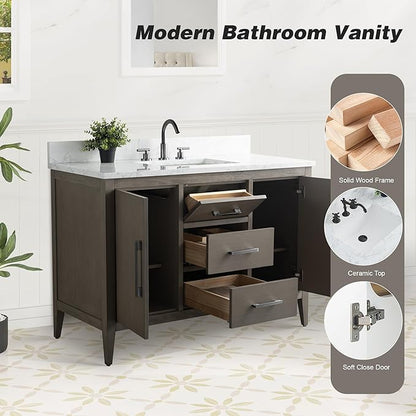 HomeBeyond 48 Inch Bathroom Vanity with Sink & Ceramic Top, Single Vanity Cabinet with Basin, Soft-Closing Doors & Matte Black Hardware, Driftwood Gray