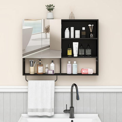 Medicine Cabinet, Wooden Bathroom Wall Cabinet with 2 Doors, Adjustable Shelves & Towel Bar, Over Toilet Storage Cabinet Wall Mounted for Laundry with Mirror, Black