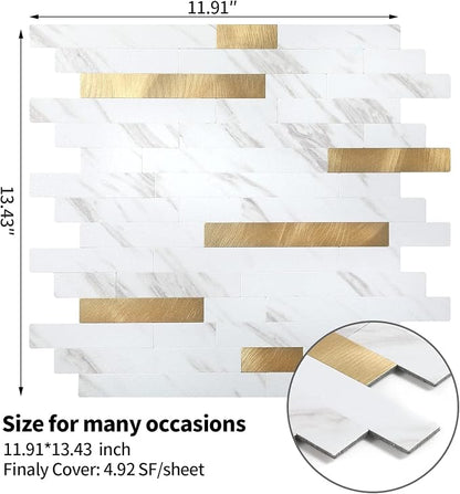 Yipscazo 2026 New Upgrade Peel and Stick Backsplash, Stick on Backsplash Tiles for Kitchen, Bathroom, Fireplace (10 Sheets, White Stone with Gold)