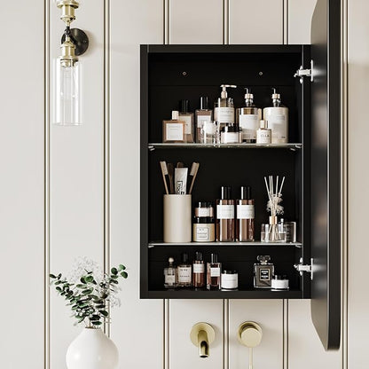 Vintage-Style Bathroom Wood Black Cabinet with 16.5''x24'' Black Metal Frame Curved Mirror, Recessed Medicine Cabinet, in Wall or Surface Mount Bathroom Storage Cabinet