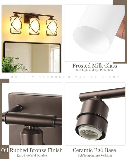3-Light Oil Rubbed Bronze Bathroom Light Fixtures Over Mirror, 21" UL-Listed Modern Farmhouse Wall Sconce Lights with Milk White Frosted Glass and Metal Cage for Bath, E26, CH9176ORBW-3W