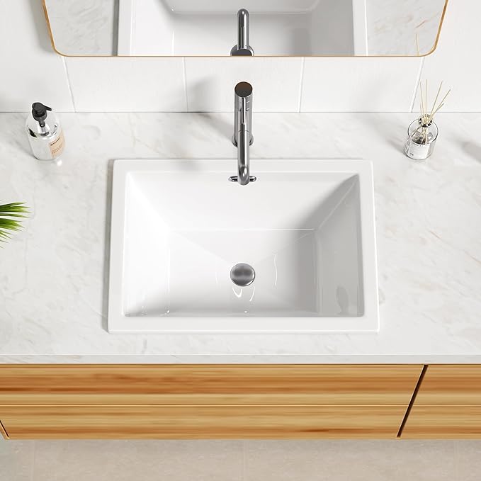 Enbol 20.6" x 14.5" Drop in Bathroom Sink Rectangule Vessel Sink Self-rimming Top Mount Bathroom Sink White Ceramic Lavatory Vanity with Overflow O2014-1