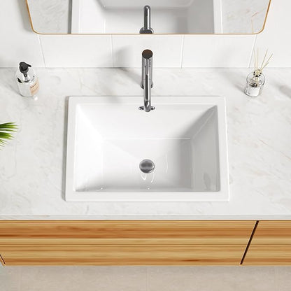 Enbol 20.6" x 14.5" Drop in Bathroom Sink Rectangule Vessel Sink Self-rimming Top Mount Bathroom Sink White Ceramic Lavatory Vanity with Overflow O2014-1
