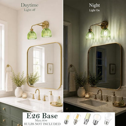 2-Light Gold Brass Bathroom Light Fixture,Wall Sconces,Brushed Gold Vanlity Light Over Mirror,Bathroom Vanity Light with Green Glass Flower Shade,E26 Socket(Bulbs Not Included)
