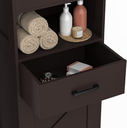 Homhedy 67" H Tall Bathroom Storage Cabinet with Barn Doors and Drawer | Narrow Storage Unit with Adjustable Shelves, Floor Cabinet for Bathroom, Living Room, Entryway or Kitchen, Brown, 15.7" W