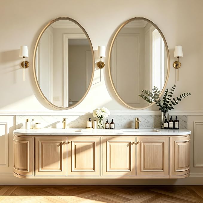 Brushed Gold Oval Bathroom Mirror 24x36 Inch | Vanity Wall Mirror, Crystal-Clear HD Glass, Rust-Proof Aluminum Frame, Inner-Curved Decor for Bedroom, Entryway Renovation