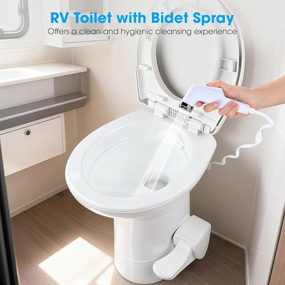 Yescom RV Toilet with Bidet Spray Porcelain Enamel Elongated Gravity Flush | Foot Pedal Toilet for Motorhome Caravan Travel Tailer 20" Seating Height Portable Restroom Toilet Fits for Marine