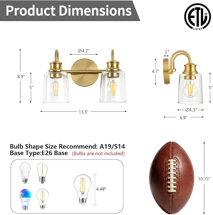 2 Lights Bathroom Light Fixtures Modern Gold Vanity Lights | ETL Certificate, Easy to Install,Wall Mount Up or Down,Thickened Glass Lampshade,E26 Socket,Hardwired