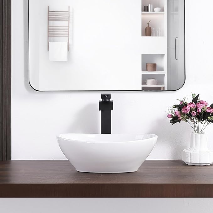 Oval Vessel Sink 16" x 13" Countertop Bathroom Sinks Modern Egg Shape Above Counter White Ceramic Small Sink Vessel Sinks for Bathrooms