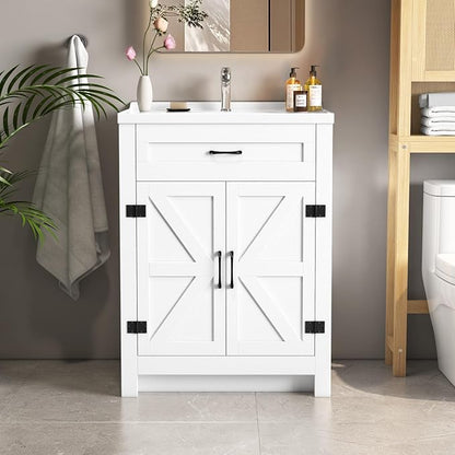 24" White Farmhouse Bathroom Vanity with Ceramic Sink, 2 Barn Door & Faux Drawer, Freestanding, Actual 23.6" L x 18.5" W x 35.4" H