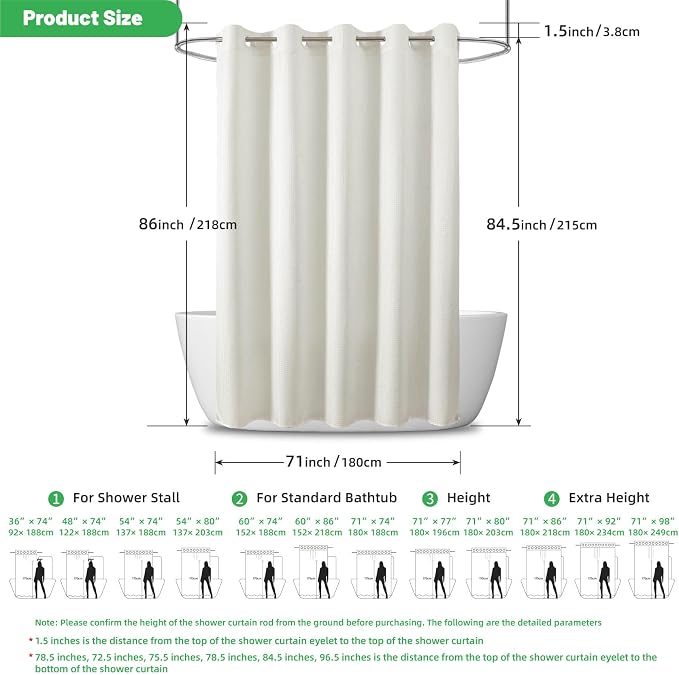 No Hook long Waffle Shower Curtain, No Liner Needed, 71x86 Inch, Cream | 100% waterproof TPU-laminated backing, magnetic weighted hem, machine washable, shower curtain set for bathroom or hotel use