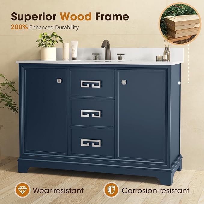 48 Inch Bathroom Vanity with Sink, Fully Assembled, Navy Blue | Bathroom Sink Cabinet with Marble Countertop & Backsplash, Soft Closing 2 Doors & 3 Drawers, Adjustable Shelves