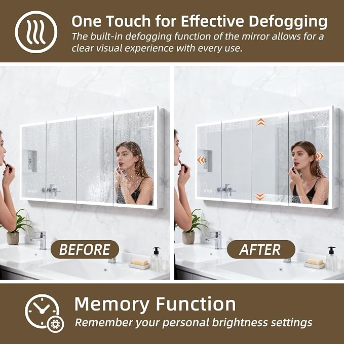 48"W x 32"H LED Medicine Cabinet with Mirror, 3-Door, Anti-Fog, Bathroom | 3-Color Stepless Dimming, 10-Level Brightness, Touch Control, Adjustable Shelves, DTC Soft-Close Hinges, for Vanity