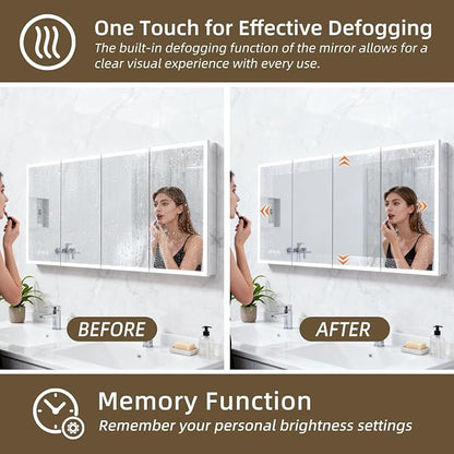 48"W x 32"H LED Medicine Cabinet with Mirror, 3-Door, Anti-Fog, Bathroom | 3-Color Stepless Dimming, 10-Level Brightness, Touch Control, Adjustable Shelves, DTC Soft-Close Hinges, for Vanity