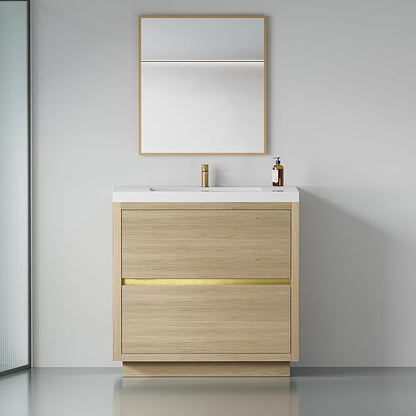 36 Inch Bathroom Vanity with Sink, Single Sink Bathroom Vanity, Freestanding Vanity Bathroom Soft Closed 2 Drawers, Integrated Sink (Natural Oak)