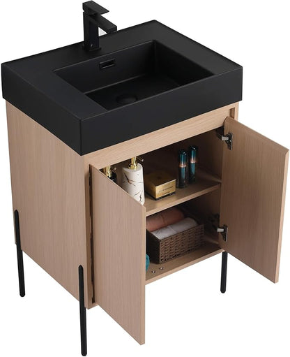 Crownpoint 24 Inch Bathroom Vanity with Sink, Black Sink, White Oak Finish, Full Assembly Required, Elegant Bathroom Vanities for Modern Homes