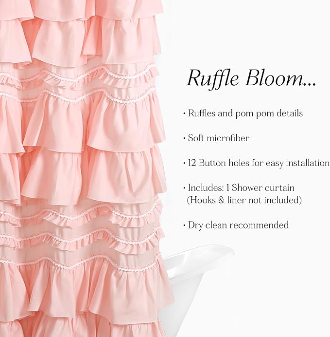 Lush Decor Kemmy Ruffled Shower Curtain, Single, 72" W x 72" L, Peachy Pink - Bathroom Curtain - Fabric Shower Curtains for Bathroom - Coquette Decor