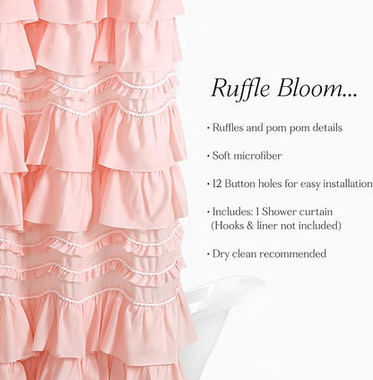 Lush Decor Kemmy Ruffled Shower Curtain, Single, 72" W x 72" L, Peachy Pink - Bathroom Curtain - Fabric Shower Curtains for Bathroom - Coquette Decor