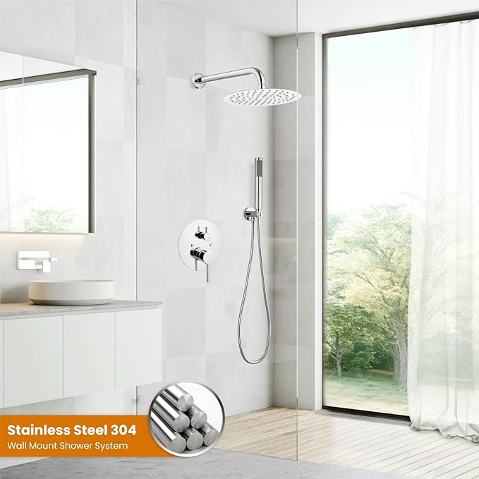 gotonovo Shower System 10 Inch Round Rainfall Showerhead Wall Mounted High Pressure Shower Faucet Set Fixture Combo with Rough in Valve and Cylindrical Handheld Spray, Polish Chrome