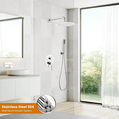 gotonovo Shower System 10 Inch Round Rainfall Showerhead Wall Mounted High Pressure Shower Faucet Set Fixture Combo with Rough in Valve and Cylindrical Handheld Spray, Polish Chrome