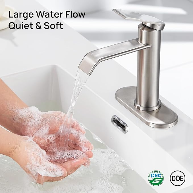 GAGALIFE Bathroom Faucet 1 Hole, Brushed Nickel Bathroom Sink Faucet with Metal Pop-up Drain Supply Lines and Deck, Modern Waterfall Bathroom Faucets Single Handle, JJL-MP-7001BN