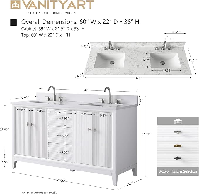 Vanity Art 60" Bathroom Vanity with Double Sink & Arabescato White Engineered Stone Top, Vanity Cabinet with Soft Closing Door, Solid Wood Frame, Golden Brushed Handles, White VA8160D-W-GB