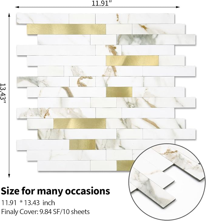 1 - Sheet Peel and Stick Backsplash Wall Tile, PVC Kitchen Backsplash, Stick on Tiles for Backsplash Kitchen (12'' X 12'', White with Gold)