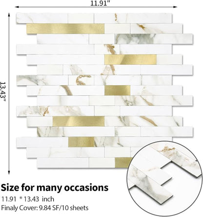 20 - Sheet Peel and Stick Backsplash Wall Tile, PVC Kitchen Backsplash, Stick on Tiles for Backsplash Kitchen (12'' X 12'', White with Gold)