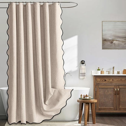 MIULEE Beige Scalloped Linen Shower Curtain 72x72 Inches | Linen Textured, Waterproof, Washable, 12 Metal Hooks, Heavy Duty Cloth, Black Border, Shower Curtain for Bathroom Bathtub
