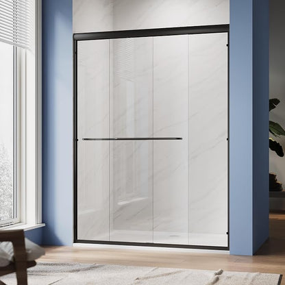 SUNNY SHOWER Double Sliding Glass Door 54" W x 72" H Shower Door 1/4" Tempered Glass Sliding Door Semi-Frameless Shower Glass Enclosure Bypass Walk in Shower Cabin, Matte Black