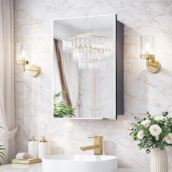 20x30 Medicine Cabinet with Mirror, 6 Adjustable Tempered Glass Shelves, Soft-Close DTC Hinges, Matte Black Aluminum Bathroom Storage, Surface or Recessed Mount, Tempered Beveled Mirror