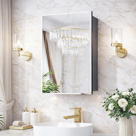 20x30 Medicine Cabinet with Mirror, 6 Adjustable Tempered Glass Shelves, Soft-Close DTC Hinges, Matte Black Aluminum Bathroom Storage, Surface or Recessed Mount, Tempered Beveled Mirror
